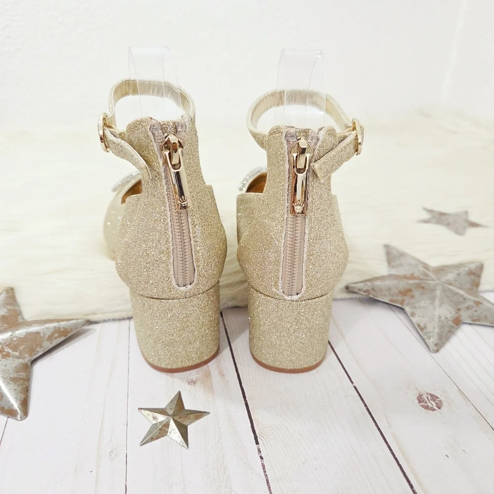 Nina Daylin Gold Glitter Girls Dress Shoes Metallic Rhinestone Bow Heels Size 6